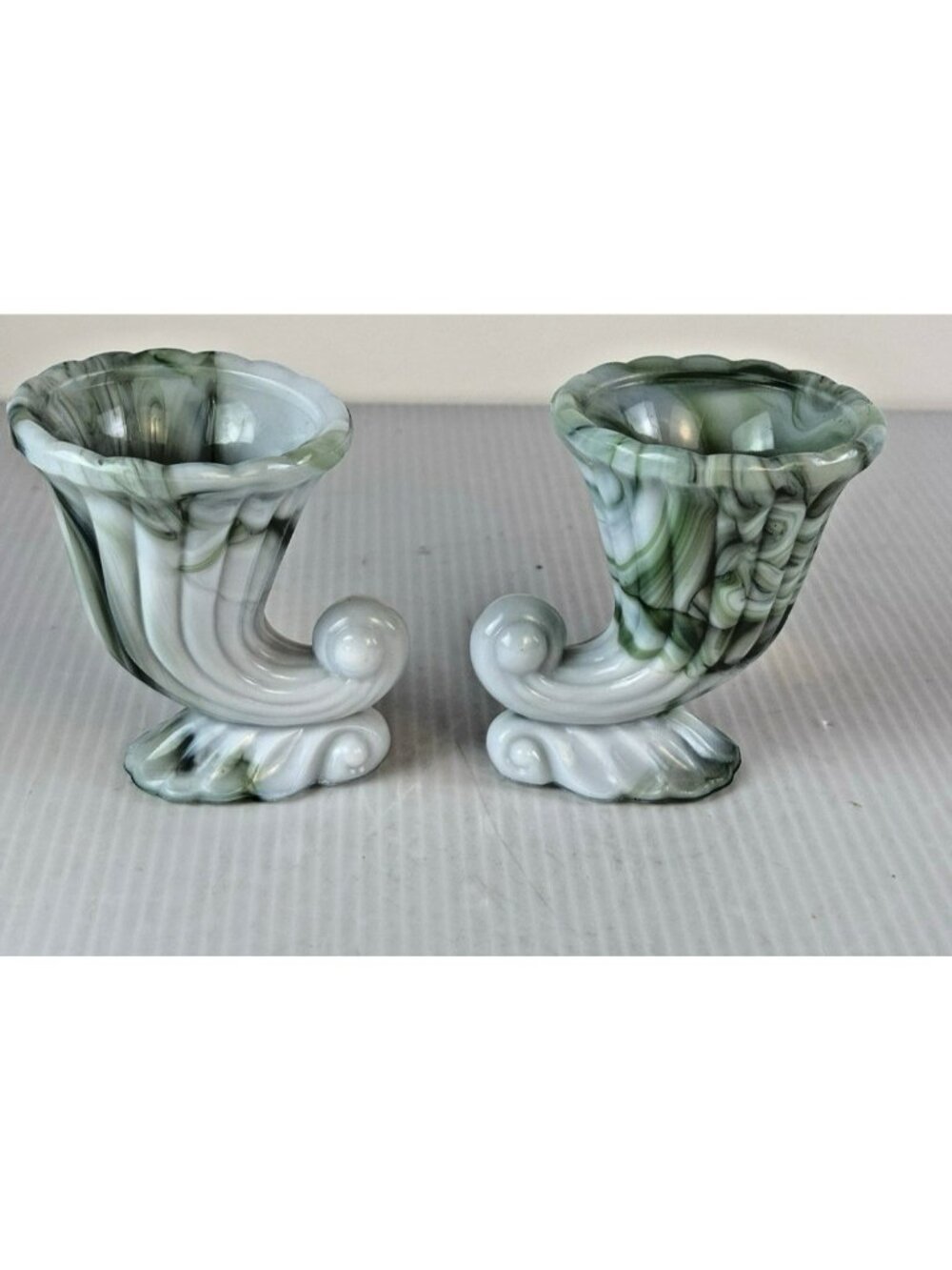 Set 2 Vintage Green White Slag Glass Akro Agate Toothpick Cornucopias